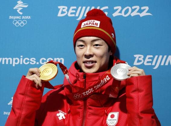 Beijing Olympics: Ski jumping, Skispringen, Ski, nordisch Japanese ski jumper Ryoyu Kobayashi poses with his normal hill gold and large hill silver medals at the Beijing Winter Olympics on Feb. 13, 2022, in Zhangjiakou, China.  A14AA0001238449P
