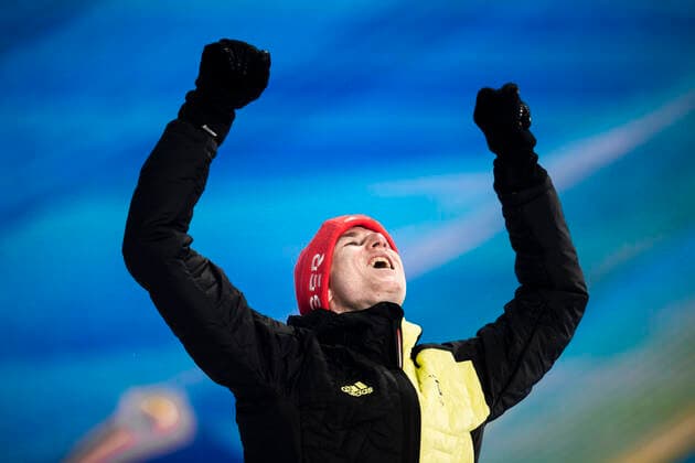 220213 Karl Geiger of Germany celebrates at the medal ceremony for men s Ski jumping, Skispringen, Ski, nordisch large hill individual during day 9 of the 2022 Winter Olympics on February 13, 2022 in Zhangjiakou. Photo: Jon Olav Nesvold BILDBYRAN COP 217 JE0041 Olympic Games, Olympische Spiele, Olympia, OS olympics winter olympics os ol olympiska spel vinter-os olympiske leker peking peking 2022 beijing 2022 beijing 2022 olympic games beijing 2022 winter olympic games peking-os beijing-ol vinter-ol 9 bbeng norge jubel guld Copyright: JONxOLAVxNESVOLD BB220213JE123