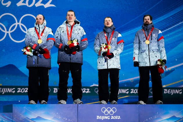 220213 Alexey Chervotkin, Alexander Bolshunov, Denis Spitsov and Sergey Ustiugov of ROC (Russia) with their gold medals at the medal ceremony for men s cross-country skiing 4 x 10 km relay during day 9 of the 2022 Winter Olympics on February 13, 2022 in Zhangjiakou. Photo: Jon Olav Nesvold BILDBYRAN COP 217 JE0041 Olympic Games, Olympische Spiele, Olympia, OS olympics winter olympics os ol olympiska spel vinter-os olympiske leker peking peking 2022 beijing 2022 beijing 2022 olympic games beijing 2022 winter olympic games peking-os beijing-ol vinter-ol 9 bbeng jubel Copyright: JONxOLAVxNESVOLD BB220213JE147