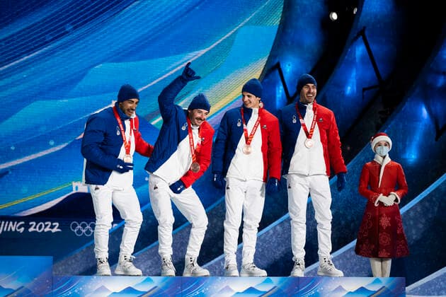 220213 Richard Jouve, Hugo Lapalus, Clement Parisse and Maurice Manificat of France celebrate at the medal ceremony for men s cross-country skiing 4 x 10 km relay during day 9 of the 2022 Winter Olympics on February 13, 2022 in Zhangjiakou. Photo: Jon Olav Nesvold BILDBYRAN COP 217 JE0041 Olympic Games, Olympische Spiele, Olympia, OS olympics winter olympics os ol olympiska spel vinter-os olympiske leker peking peking 2022 beijing 2022 beijing 2022 olympic games beijing 2022 winter olympic games peking-os beijing-ol vinter-ol 9 bbeng frankrike jubel Copyright: JONxOLAVxNESVOLD BB220213JE149