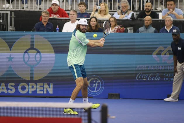 DALLAS, TX - FEBRUARY 13: Reilly Opelka (USA) hits a backhand during the Dallas Open on February 13, 2022 at the Styslinger Altec Tennis Complex in Dallas, TX. (Photo by George Walker Icon Sportswire) TENNIS: FEB 13 Dallas Open Icon22021309