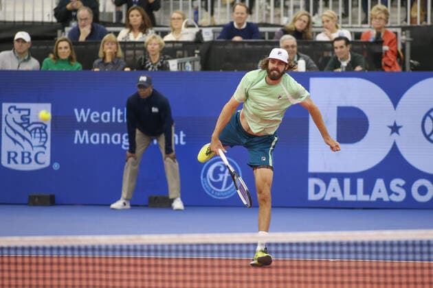 DALLAS, TX - FEBRUARY 13: Reilly Opelka (USA) serves during the Dallas Open on February 13, 2022 at the Styslinger Altec Tennis Complex in Dallas, TX. (Photo by George Walker Icon Sportswire) TENNIS: FEB 13 Dallas Open Icon22021310