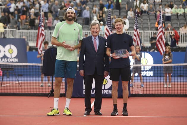 DALLAS, TX - FEBRUARY 13: SMU president Gerald R. Turner poses with champion Reilly Opelka and finalist Jeson Brooksby after the Dallas Open on February 13, 2022 at the Styslinger Altec Tennis Complex in Dallas, TX. (Photo by George Walker Icon Sportswire) TENNIS: FEB 13 Dallas Open Icon22021319