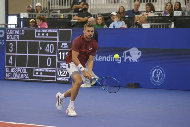 DALLAS, TX - FEBRUARY 13: Lloyd Glasspool (GBR) hits a backhand during the Dallas Open on February 13, 2022 at the Styslinger Altec Tennis Complex in Dallas, TX. (Photo by George Walker Icon Sportswire) TENNIS: FEB 13 Dallas Open Icon22021324