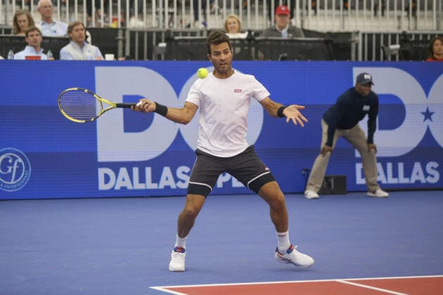 DALLAS, TX - FEBRUARY 13: Jean-Julien Rojer (NED) hits a forehand during the Dallas Open on February 13, 2022 at the Styslinger Altec Tennis Complex in Dallas, TX. (Photo by George Walker Icon Sportswire) TENNIS: FEB 13 Dallas Open Icon22021326