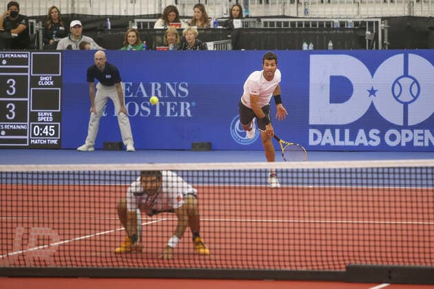DALLAS, TX - FEBRUARY 13: Jean-Julien Rojer (NED) serves during the Dallas Open on February 13, 2022 at the Styslinger Altec Tennis Complex in Dallas, TX. (Photo by George Walker Icon Sportswire) TENNIS: FEB 13 Dallas Open Icon22021328