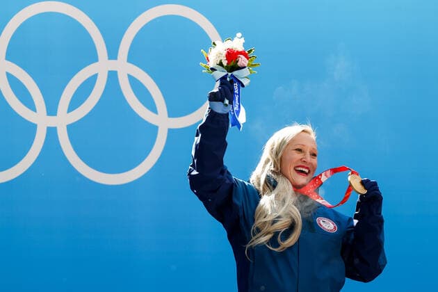 BEIJING, CHINA â€“ FEBRUARY 14, 2022: Bobsledder Kaillie Humphries the United States poses with her gold medal at a victory ceremony for the women s monobob event during the Beijing 2022 Winter Olympic Games, Olympische Spiele, Olympia, OS at the Yanqing National Sliding Centre. Anton Novoderezhkin TASS  TS12303B