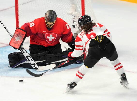 February 14, 2022, Beijing, ON, China: Switzerland goaltender Saskia Maurer makes a save on Canada forward Rebecca Johnston (6) during second period women s Ice hockey, Eishockey semifinals action Monday, February 14, 2022 at the 2022 Winter Olympics in Beijing. Canada News - February 14, 2022  - ZUMAc35_ 20220214_zaf_c35_033 Copyright: xRyanxRemiorzx