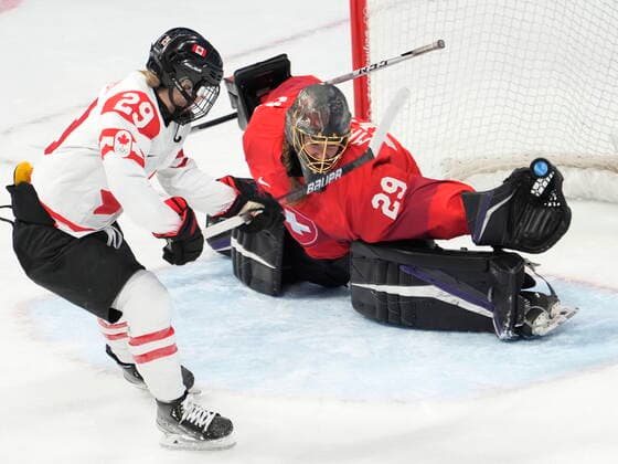 February 14, 2022, Beijing, ON, China: Canada forward Marie-Philip Poulin (29) scores on Switzerland goaltender Saskia Maurer during second period women s Ice hockey, Eishockey semifinals action Monday, February 14, 2022 at the 2022 Winter Olympics in Beijing. Canada News - February 14, 2022  - ZUMAc35_ 20220214_zaf_c35_039 Copyright: xRyanxRemiorzx