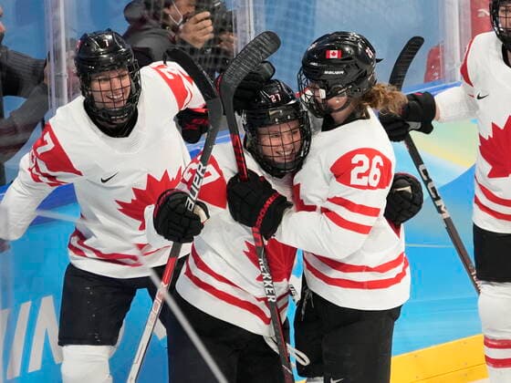 February 14, 2022, Beijing, ON, China: Canada forward Emma Maltais (27) celebrates her goal against Switzerland with teammates during third period women s Ice hockey, Eishockey semifinals action Monday, February 14, 2022 at the 2022 Winter Olympics in Beijing. Canada News - February 14, 2022  - ZUMAc35_ 20220214_zaf_c35_048 Copyright: xRyanxRemiorzx