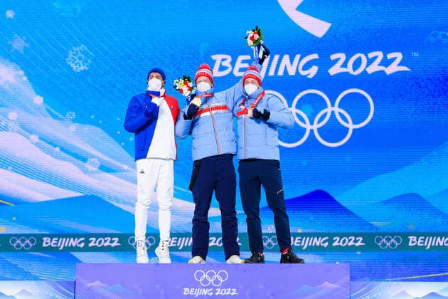 220214 Quentin Fillon Maillet of France, Johannes Thingnes Bo of Norway and Tarjei Bo of Norway celebrate at the medal ceremony for men s biathlon 10 km sprint during day 10 of the 2022 Winter Olympics on February 14, 2022 in Zhangjiakou. Photo: Joel Marklund BILDBYRAN kod JM JM0284 bbeng Olympic Games, Olympische Spiele, Olympia, OS olympics winter olympics os ol olympiska spel vinter-os olympiske leker peking peking 2022 beijing 2022 beijing 2022 olympic games beijing 2022 winter olympic games peking-os beijing-ol vinter-ol medaljceremoni medaljeseremoni norge norway celebration jubel brons guld Copyright: JOELxMARKLUND BB220214JM024