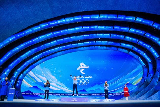 220214 Elvira Öberg of Sweden, Marte Olsbu Roiseland of Norway and Tiril Eckhoff of Norway celebrate at the medal ceremony for women?s biathlon 10 km pursuit during day 10 of the 2022 Winter Olympics on February 14, 2022 in Zhangjiakou. Photo: Joel Marklund BILDBYRAN kod JM JM0284 bbeng Olympic Games, Olympische Spiele, Olympia, OS olympics winter olympics os ol olympiska spel vinter-os olympiske leker peking peking 2022 beijing 2022 beijing 2022 olympic games beijing 2022 winter olympic games peking-os beijing-ol vinter-ol medaljceremoni medaljeseremoni celebration jubel sverige sweden norge norway guld silver brons Copyright: JOELxMARKLUND BB220214JM073