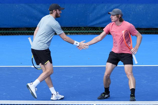 February 14, 2022, Delray Beach, Florida, United States: February, 14 - Delray Beach: Robert Galloway(USA) Alex Lawson(USA) defeates Andrer Goransson(SWE) Nathaniel Lammons(USA) during the first round of the 2022 Delray Beach Open by Vitacost held in Delray Beach, FL. Delray Beach United States - ZUMApa3_ 0150828170st Copyright: xAndrewxPatronx