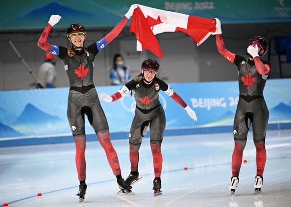 China Olympics 2022 Speed skating, Eisschnelllauf Women Team Pursuit 8115258 15.02.2022 Canada s Isabelle Weidemann, Ivanie Blondin and Valerie Maltais celebrate winning the women s speed skating team pursuit final during the Beijing 2022 Winter Olympic Games, Olympische Spiele, Olympia, OS at the National Speed Skating Oval in Beijing, China. Vladimir Astapkovich Sputnik Beijing China  Copyright: xVladimirxAstapkovichx