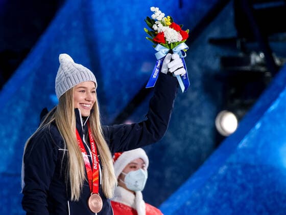 OLYMPICS - Winter Olympic Games, Olympische Spiele, Olympia, OS Beijing 2022 ZHANGJIAKOU,CHINA,15.FEB.22 - OLYMPICS, FREE SKI, FREESTYLE SKIING - Winter Olympic Games Beijing 2022, Slopestyle, ladies, award ceremony. Image shows the rejoicing of Kelly Sildaru (EST). Keywords: medal.  GEPAxpictures xMaticxKlansek