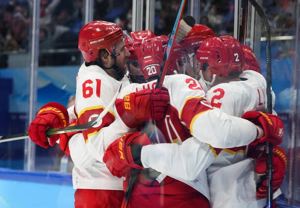 (220215) -- BEIJING, Feb. 15, 2022 -- Athletes of China celebrate scoring during the Ice hockey, Eishockey men s qualification play-off of Beijing 2022 Winter Olympics between Canada and China at Wukesong Sports Centre, in Beijing, capital of China, Feb. 15, 2022. ) (BEIJING2022)CHINA-BEIJING-OLYMPIC Winter games, Winterspiele,Spiele, Summer games ICE HOCKEY-MEN S QUALIFICATION PLAY-OFF-CAN VS CHN (CN) MengxYongmin