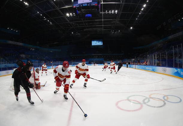 (220215) -- BEIJING, Feb. 15, 2022 -- Yuan Junjie (2nd L) of China competes during the Ice hockey, Eishockey men s qualification play-off of Beijing 2022 Winter Olympics between Canada and China at Wukesong Sports Centre, in Beijing, capital of China, Feb. 15, 2022. ) (BEIJING2022)CHINA-BEIJING-OLYMPIC Winter games, Winterspiele,Spiele, Summer games ICE HOCKEY-MEN S QUALIFICATION PLAY-OFF-CAN VS CHN (CN) MengxYongmin