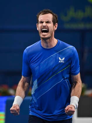 (220216) -- DOHA, Feb. 16, 2022 -- Andy Murray of Britain celebrates after winning the first round of ATP, Tennis Herren Qatar Open Tennis match against Taro Daniel of Japan at the Khalifa International Tennis Complex in Doha, capital of Qatar, Feb. 15, 2022. (Photo by Xinhua) (SP)QATAR-DOHA Table tennis, Tischtennis ATP QATAR OPEN-FIRST ROUND Nikku 