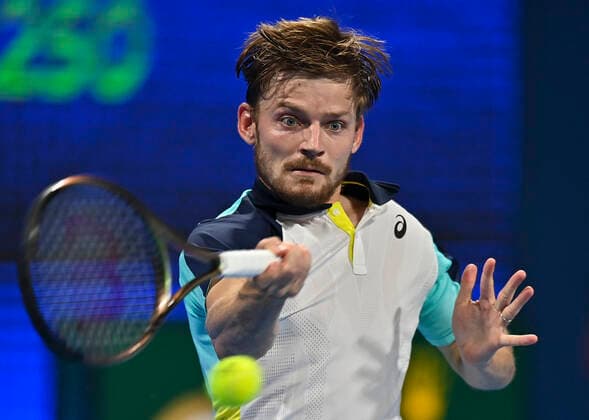 (220216) -- DOHA, Feb. 16, 2022 -- David Goffin of Belgium returns the ball to Emil Ruusuvuori of Finland during the first round of ATP, Tennis Herren Qatar Open Tennis match at the Khalifa International Tennis Complex in Doha, capital of Qatar, Feb. 15, 2022. (Photo by Xinhua) (SP)QATAR-DOHA Table tennis, Tischtennis ATP QATAR OPEN-FIRST ROUND Nikku 