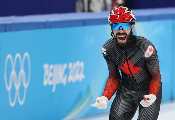 BEIJING, CHINA - FEBRUARY 16, 2022: Steven Dubois of Canada competes in a men s 5000m short track Speed skating, Eisschnelllauf relay final at the 2022 Winter Olympic Games, Olympische Spiele, Olympia, OS at the Capital Indoor Stadium. Anton Novoderezhkin TASS  TS1239B4