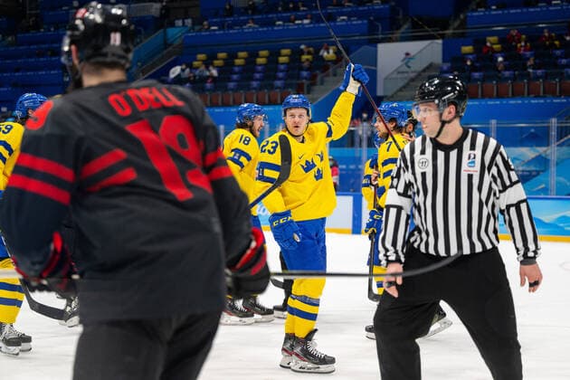 220216 Lucas Wallmark of Sweden celebrates after the men?s Ice hockey, Eishockey quarterfinal between Sweden and Canada during day 12 of the 2022 Winter Olympics on February 16, 2022 in Beijing. Photo: Maxim Thore BILDBYRAN kod MT MT0326 ishockey ice hockey Olympic Games, Olympische Spiele, Olympia, OS olympics winter olympics os ol olympiska spel vinter-os olympiske leker peking peking 2022 beijing 2022 beijing 2022 olympic games beijing 2022 winter olympic games peking-os beijing-ol vinter-ol 12 bbeng kvartsfinal sverige kanada Copyright: MAXIMxTHORE BB220216MT165