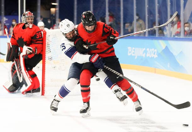 BEIJING, CHINA - FEBRUARY 17, 2022: Alex Carpenter of the US, Claire Thompson (L-R front) and goaltender Ann-Renee Desbiens of Canada in their Ice hockey, Eishockey gold medal match at the Wukesong Arena as part of the 2022 Winter Olympic Games, Olympische Spiele, Olympia, OS Sergei Bobylev TASS  TS123B33
