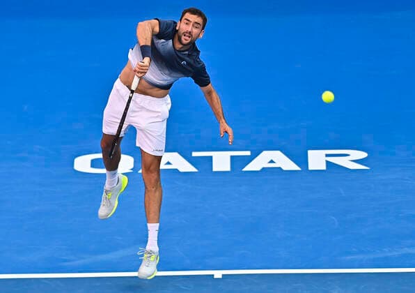 (220217) -- DOHA, Feb. 17, 2022 -- Marin Cilic of Croatia serves during the second round of ATP, Tennis Herren Qatar Open Tennis match against Botic Van De Zandschulp of the Netherlands at the Khalifa International Tennis Complex in Doha, capital of Qatar, Feb. 16, 2022. (Photo by Xinhua) (SP)QATAR-DOHA Table tennis, Tischtennis ATP QATAR OPEN-SECOND ROUND Nikku 