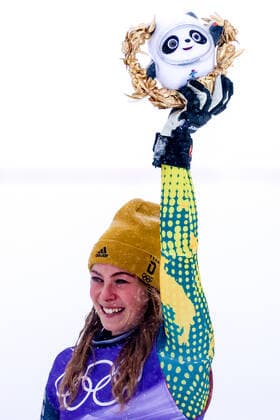 ZHANGJIAKOU, CHINA - FEBRUARY 17, 2022: Bronze medalist, Daniela Maier of Germany attends a flower ceremony for the women s freestyle skiing ski cross event at the 2022 Winter Olympic Games, Olympische Spiele, Olympia, OS at the Genting Snow Park. Stanislav Krasilnikov TASS  TS123C47