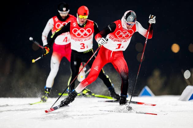 OLYMPICS - Winter Olympic Games, Olympische Spiele, Olympia, OS Beijing 2022 ZHANGJIAKOU,CHINA,17.FEB.22 - OLYMPICS, NORDIC SKIING, NORDIC COMBINED, CROSS COUNTRY - Winter Olympic Games Beijing 2022, 4x5km, team event. Image shows Yoshito Watabe (JPN), Manuel Faisst (GER) and Franz-Josef Rehrl (AUT).  GEPAxpictures xPatrickxSteiner