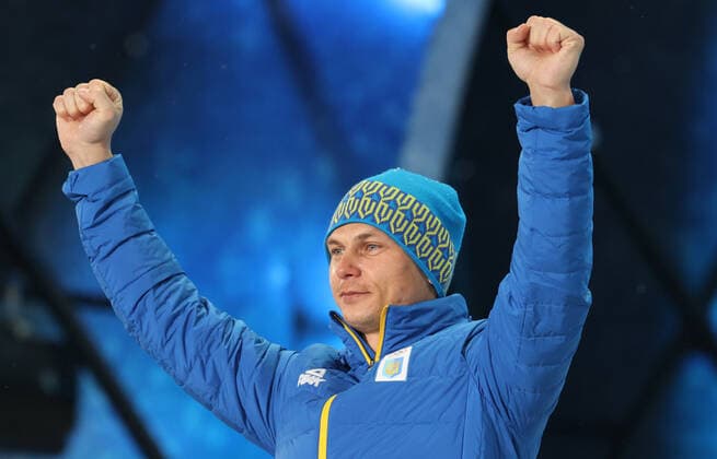 ZHANGJIAKOU, CHINA - FEBRUARY 17, 2022: Silver medallist Oleksandr Abramenko of Ukraine celebrates during the victory ceremony for the men s freestyle skiing aerials, at the Medal Plaza, at the 2022 Winter Olympic Games, Olympische Spiele, Olympia, OS Stanislav Krasilnikov TASS  TS123D48