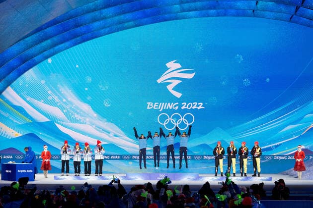 220217 Irina Kazakevich, Kristina Reztsova, Svetlana Mironova and Uliana Nigmatullina of Roc (Russia), Linn Persson, Mona Brorsson, Hanna Öberg and Elvira Öberg of Sweden and Vanessa Voigt, Vanessa Hinz, Franziska Preuss and Denise Herrmann of Germany at the medal ceremony for women s biathlon 4 x 6 km relay during day 13 of the 2022 Winter Olympics on February 17, 2022 in Zhangjiakou. Photo: Vegard Grott BILDBYRAN kod VG JM0291 bbeng Olympic Games, Olympische Spiele, Olympia, OS olympics winter olympics os ol olympiska spel vinter-os olympiske leker peking peking 2022 beijing 2022 beijing 2022 olympic games beijing 2022 winter olympic games peking-os beijing-ol vinter-ol medaljceremoni medaljeseremoni skidskytte stafett jubel sverige ryssland tyskland Copyright: VEGARDxGRoTT BB220217VG082