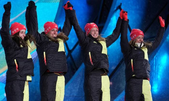 China Olympics 2022 Medal Ceremony 8118217 17.02.2022 Bronze medalists Germany s Vanessa Hinz, Franziska Preuss and Denise Herrmann and Vanessa Voigt pose during an award ceremony for the biathlon woman s 4x6 km relay event of the Beijing 2022 Winter Olympic Games, Olympische Spiele, Olympia, OS at the Medals Plaza in Zhangjiakou, China. Pavel Bednyakov Sputnik Zhangjiakou China  Copyright: xPavelxBednyakovx