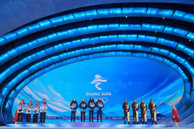 (220217) -- ZHANGJIAKOU, Feb. 17, 2022 -- Gold medalists of Sweden (C), silver medalits of ROC (L) and bronze medalists of Germany react during the awarding ceremony of biathlon women s 4x6km relay at Zhangjiakou Medals Plaza of the Winter Olympics in Zhangjiakou, north China s Hebei Province, Feb. 17, 2022. ) (BEIJING2022)CHINA-ZHANGJIAKOU-OLYMPIC Winter games, Winterspiele,Spiele, Summer games AWARDING CEREMONY-BIATHLON (CN) MuxYu 
