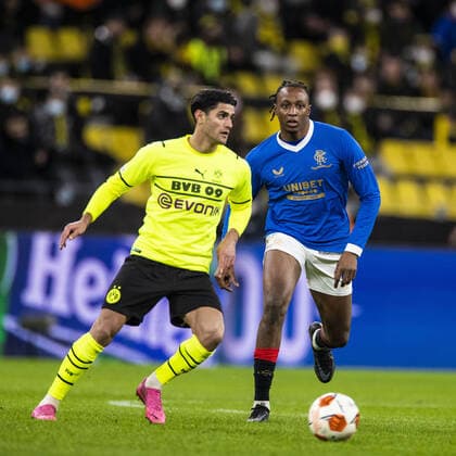 Mandatory Credit: Photo by Kirk O Rourke Rangers FC Shutterstock (12811477bp) Rangers Midfielder Joe Aribo puts pressure on Borussia Dortmund Midfielder Mahmoud Dahoud during the Europa League match at the Signal Iduna Park, Dortmund. Borussia Dortmund v Rangers, UEFA Europa League, Round of 32, Westfalenstadion, Dortmund, Germany - 17 Feb 2022 Borussia Dortmund v Rangers, UEFA Europa League, Round of 32, Westfalenstadion, Dortmund, Germany - 17 Feb 2022 Copyright: xKirkxO Rourke RangersxFC Shutterstockx 12811477bp
