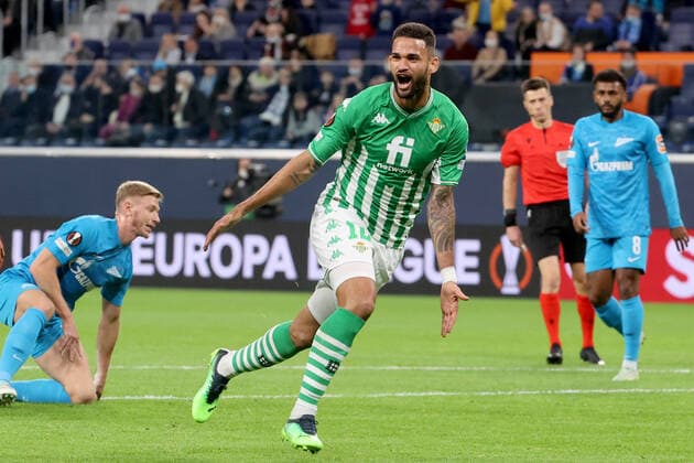 ST PETERSBURG, RUSSIA - FEBRUARY 17, 2022: Betis Willian Jose celebrates a goal in the 1st leg of the 2021 22 UEFA Europa League play-offs between Zenit St Petersburg and Real Betis Seville at Gazprom Arena. Alexander Demianchuk TASS  TS123EF8