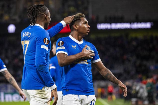 Mandatory Credit: Photo by Kirk O Rourke Rangers FC Shutterstock (12811477ch) Rangers Forward Alfredo Morelos celebrates scoring his sides second goal during the Europa League match at the Signal Iduna Park, Dortmund. Borussia Dortmund v Rangers, UEFA Europa League, Round of 32, Westfalenstadion, Dortmund, Germany - 17 Feb 2022 Borussia Dortmund v Rangers, UEFA Europa League, Round of 32, Westfalenstadion, Dortmund, Germany - 17 Feb 2022 Copyright: xKirkxO Rourke RangersxFC Shutterstockx 12811477ch