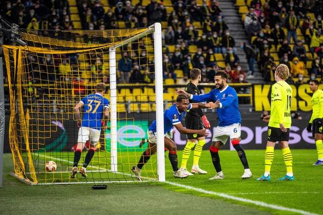 Mandatory Credit: Photo by Kirk O Rourke Rangers FC Shutterstock (12811477ce) Rangers Forward Alfredo Morelos celebrates scoring his sides second goal during the Europa League match at the Signal Iduna Park, Dortmund. Borussia Dortmund v Rangers, UEFA Europa League, Round of 32, Westfalenstadion, Dortmund, Germany - 17 Feb 2022 Borussia Dortmund v Rangers, UEFA Europa League, Round of 32, Westfalenstadion, Dortmund, Germany - 17 Feb 2022 Copyright: xKirkxO Rourke RangersxFC Shutterstockx 12811477ce