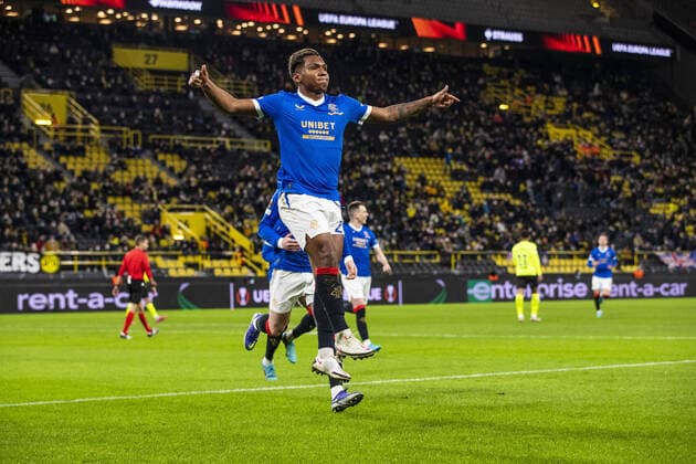 Mandatory Credit: Photo by Kirk O Rourke Rangers FC Shutterstock (12811477cg) Rangers Forward Alfredo Morelos celebrates scoring his sides second goal during the Europa League match at the Signal Iduna Park, Dortmund. Borussia Dortmund v Rangers, UEFA Europa League, Round of 32, Westfalenstadion, Dortmund, Germany - 17 Feb 2022 Borussia Dortmund v Rangers, UEFA Europa League, Round of 32, Westfalenstadion, Dortmund, Germany - 17 Feb 2022 Copyright: xKirkxO Rourke RangersxFC Shutterstockx 12811477cg