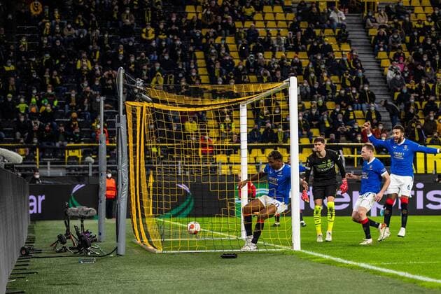 Mandatory Credit: Photo by Kirk O Rourke Rangers FC Shutterstock (12811477cd) Rangers Forward Alfredo Morelos scores his sides second goal during the Europa League match at the Signal Iduna Park, Dortmund. Borussia Dortmund v Rangers, UEFA Europa League, Round of 32, Westfalenstadion, Dortmund, Germany - 17 Feb 2022 Borussia Dortmund v Rangers, UEFA Europa League, Round of 32, Westfalenstadion, Dortmund, Germany - 17 Feb 2022 Copyright: xKirkxO Rourke RangersxFC Shutterstockx 12811477cd