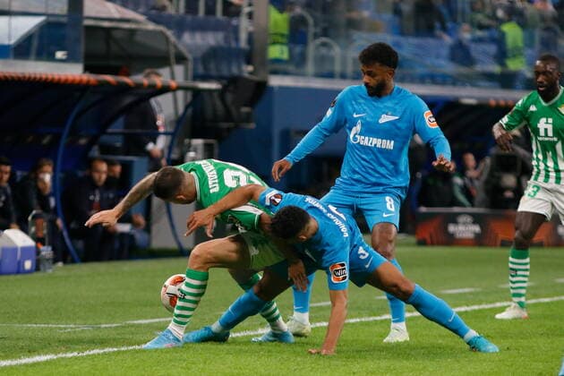 Saint Petersburg, Russia - 17 February 2022: Football, Europa League 2021-2022, Zenit vs Real Betis Balompie, Play-off, First leg. Players Douglas Santos, Wendel MaksimxKonstantinov