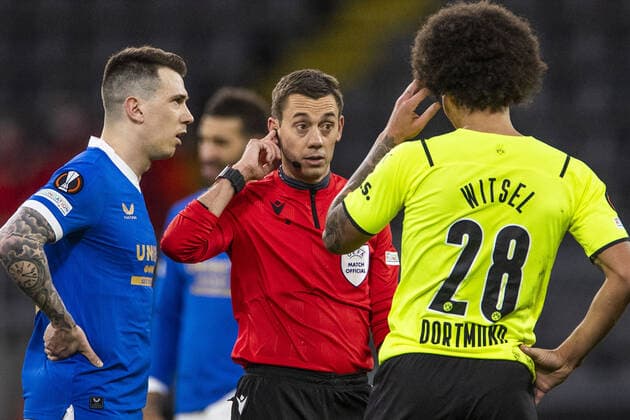 Mandatory Credit: Photo by Kirk O Rourke Rangers FC Shutterstock (12811477dc) Referee Clement Turpin awards a penalty after consulting VAR during the Europa League match at the Signal Iduna Park, Dortmund. Borussia Dortmund v Rangers, UEFA Europa League, Round of 32, Westfalenstadion, Dortmund, Germany - 17 Feb 2022 Borussia Dortmund v Rangers, UEFA Europa League, Round of 32, Westfalenstadion, Dortmund, Germany - 17 Feb 2022 Copyright: xKirkxO Rourke RangersxFC Shutterstockx 12811477dc