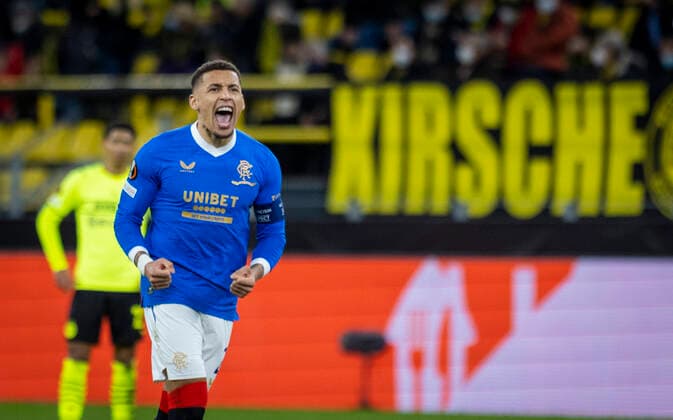 Torjubel: James Tavernier (Glasgow) Borussia Dortmund - Glasgow Rangers 17.02.2022, Fussball Foto: Moritz Müller