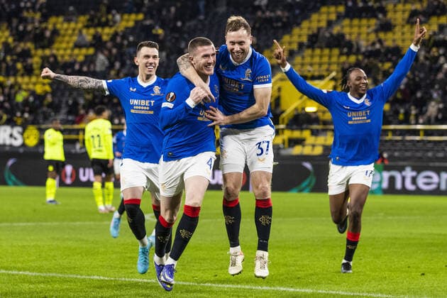 Mandatory Credit: Photo by Kirk O Rourke Rangers FC Shutterstock (12811477dk) Rangers Midfielder John Lundstram celebrates scoring his sides third goal during the Europa League match at the Signal Iduna Park, Dortmund. Borussia Dortmund v Rangers, UEFA Europa League, Round of 32, Westfalenstadion, Dortmund, Germany - 17 Feb 2022 Borussia Dortmund v Rangers, UEFA Europa League, Round of 32, Westfalenstadion, Dortmund, Germany - 17 Feb 2022 Copyright: xKirkxO Rourke RangersxFC Shutterstockx 12811477dk