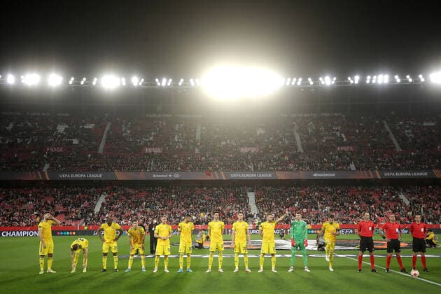 Sevilla FC v Dinamo Zagreb: Knockout Round Play-Offs Leg One - UEFA Europa League Players line up for the national anthems during the UEFA Europa League Knockout Round Play-Offs Leg One match between Sevilla FC and Dinamo Zagreb at Estadio Ramon Sanchez Pizjuan on February 17, 2022 in Seville, Spain. GoranxStanzl PIXSELL