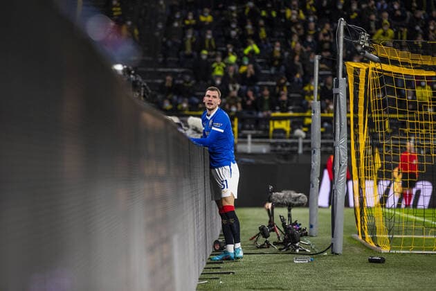 Mandatory Credit: Photo by Kirk O Rourke Rangers FC Shutterstock (12811477gn) Rangers Defender Borna Barisic reacts after having his shot saved during the Europa League match at the Signal Iduna Park, Dortmund. Borussia Dortmund v Rangers, UEFA Europa League, Round of 32, Westfalenstadion, Dortmund, Germany - 17 Feb 2022 Borussia Dortmund v Rangers, UEFA Europa League, Round of 32, Westfalenstadion, Dortmund, Germany - 17 Feb 2022 Copyright: xKirkxO Rourke RangersxFC Shutterstockx 12811477gn