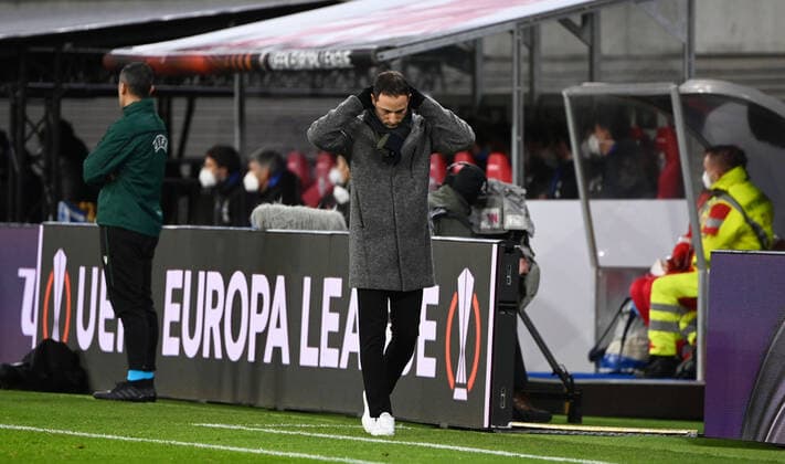 Fussball, Herren, Saison 2021 2022, Europa League (Play-offs, zum Erreichen des Achtelfinals, Hinspiel), RB Leipzig - Real Sociedad San Sebastian, Trainer Domenico Tedesco (RB Leipzig), 17.02. 2022, Copyright: xMatthiasxKochx