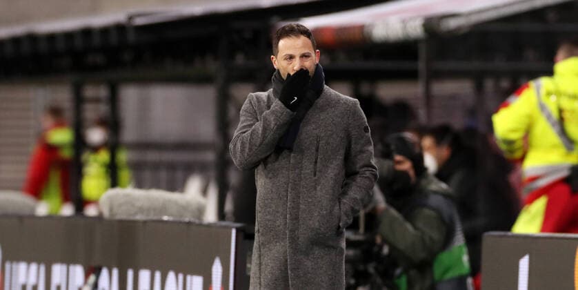 RB Leipzig - San Sebastian 17.02.2022 Leipzig, 17.02.2022, Red Bull Arena, Fussball, UEFA EURO, EM, Europameisterschaft,Fussball League, Ko Runde PlayOff, Hinspiel , RB Leipzig vs. Real Sociedad San Sebastian , Im Bild; Trainer Domenico Tedesco, RB Leipzig. , UEFA regulations prohibit any use of photographs as image sequences and or quasi-video.