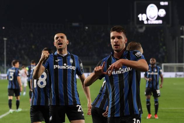 Bergamo, Italy, 17th February 2022. Berat Djimsiti of Atalanta celebrates with team mate Merit Demiral after scoring to give the side a 2-1 lead during the UEFA Europa League match at Gewiss Stadium, Bergamo. Picture credit should read: Jonathan Moscrop Sportimage EDITORIAL USE ONLY. No use with unauthorised audio, video, data, fixture lists, club league logos or live services. Online in-match use limited to 120 images, no video emulation. No use in betting, games or single club league player publications. SPI-1536-0012