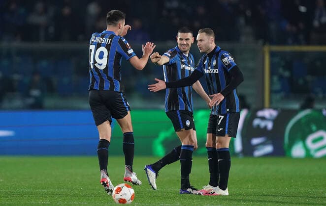 Photo Spada LaPresse February 17 , 2022 - Bergamo ,Italy Soccer Atalanta vs Olympiacos - Europa League 2021 2022 In the photo : Berat Djimsiti (Atalanta BC); celebrates after scoring goal 2-1  Copyright: xSpada LaPressex