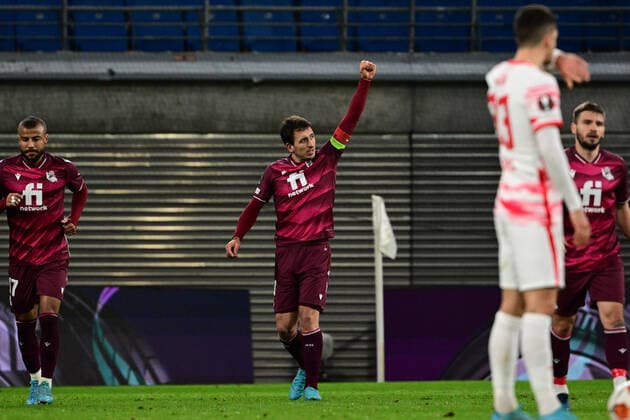 Torjubel zum 1:2 durch Mikel Oyarzabal 10 (San Sebastian), RB Leipzig vs. Real Sociedad, Europa League, PLayoff Hinspiel, 17.02.2022